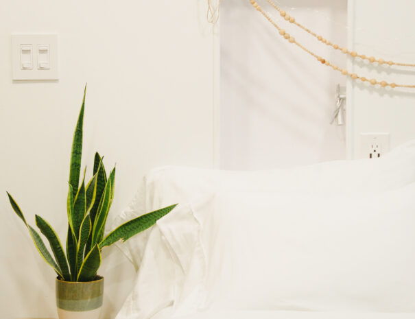 Looking towards the corner of a queen bed with crisp white sheets & a soft blue comforter. Wood beads hang above the bed. A green snake plant is perched on a low bedside table.